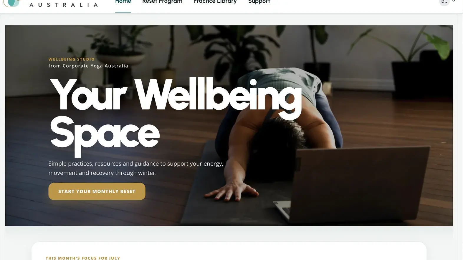 Wellbeing Studio member home page showing a seasonal program hero and a monthly focus article card.